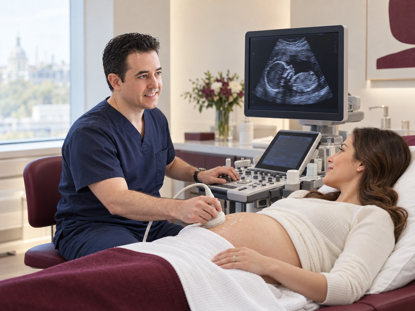 AI-generated illustration of Dr Panicos Shangaris performing a pregnancy ultrasound